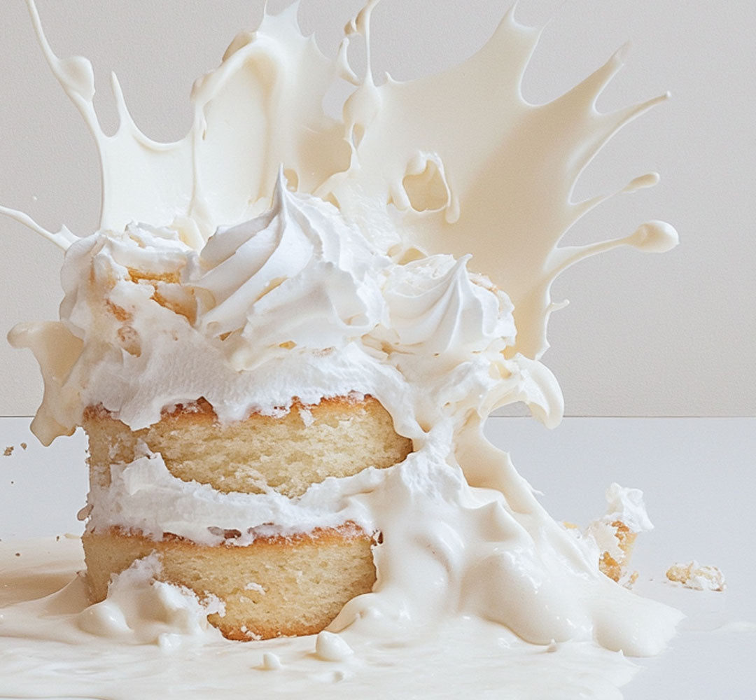 Eine explodierende Torte, umgeben von Sahne und Creme