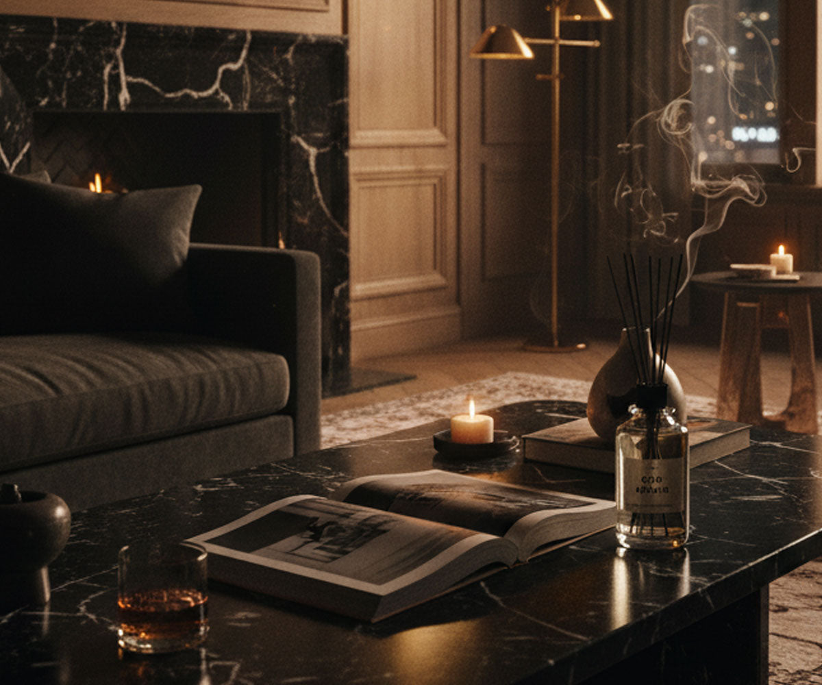 Raum Diffusor Oud Affair steht auf einem Wohnzimmer Tisch, abgedunkeltes Wohnzimmer das stilvoll eingerichtet ist