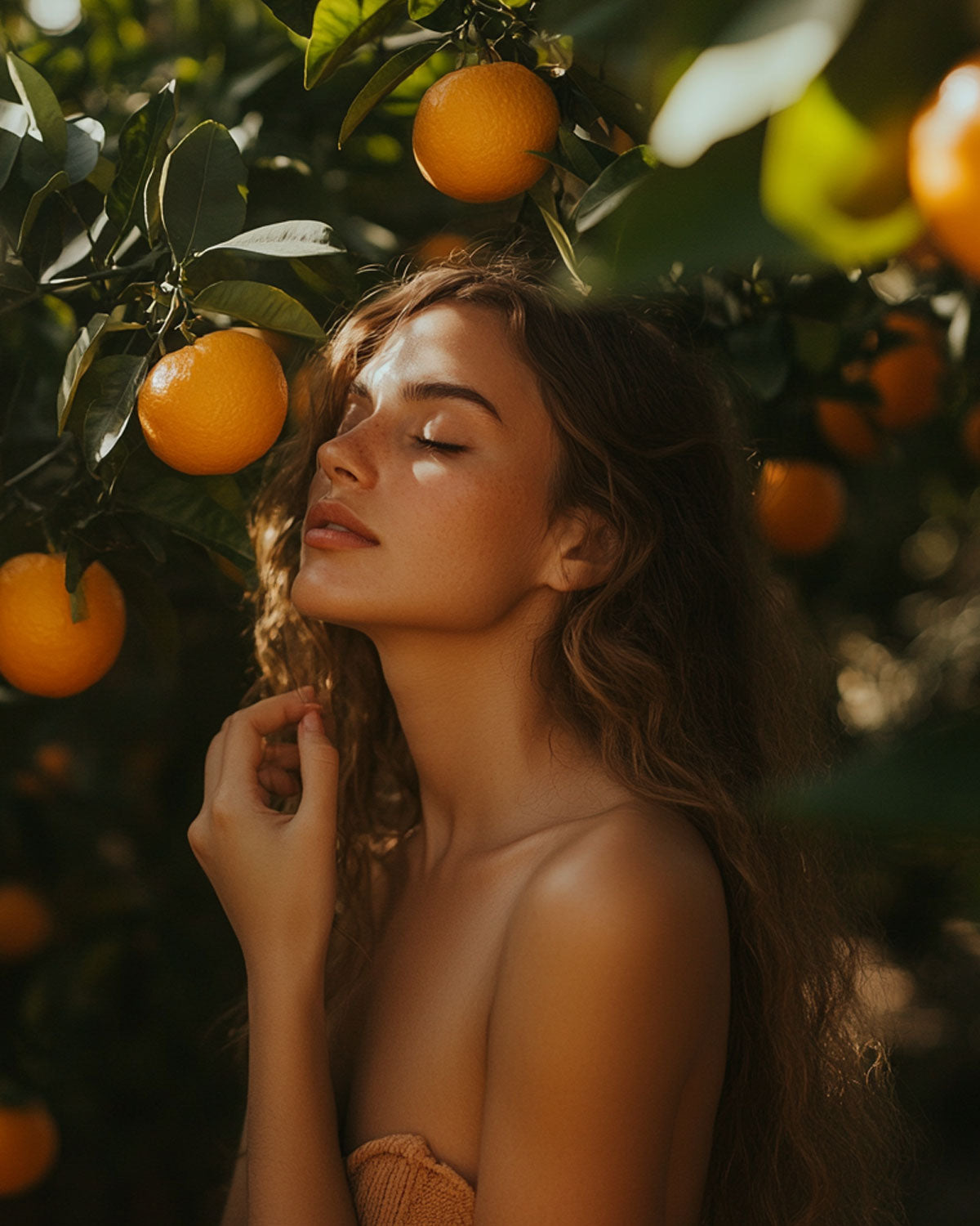 Frau die zwischen Orangenbäumen steht und den Geruch geniesst