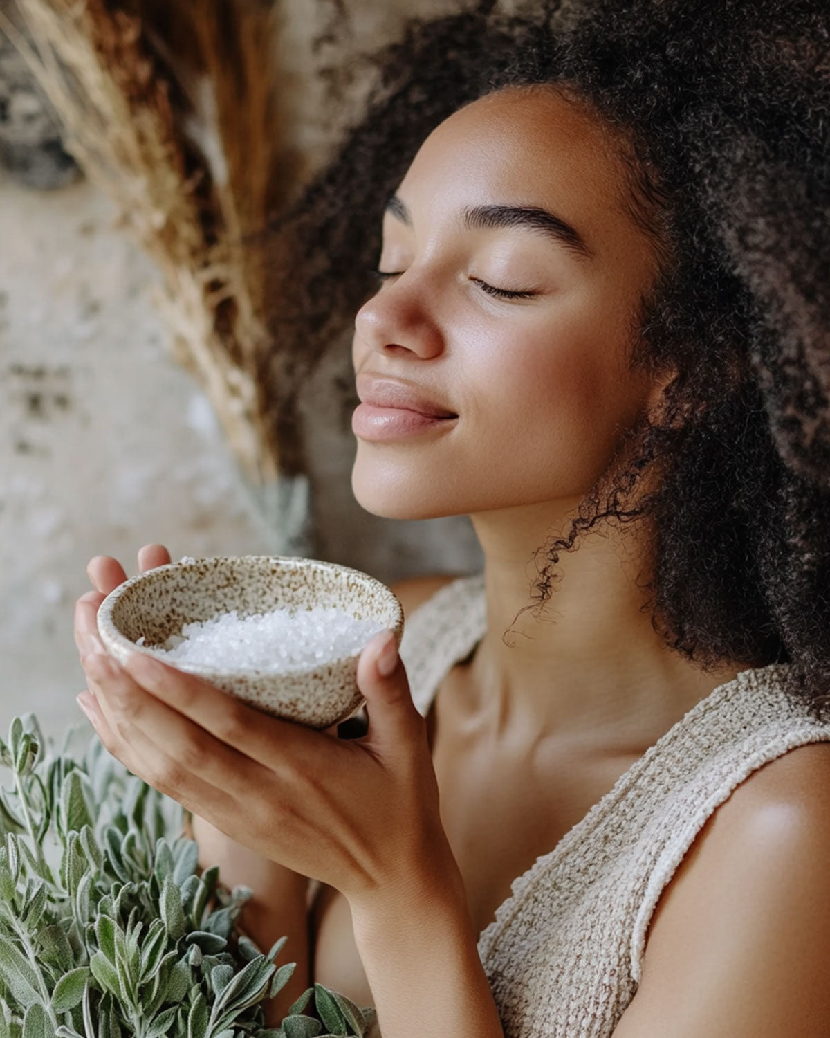 Bild einer Frau die an dem Dust Sea salt and Sage riecht