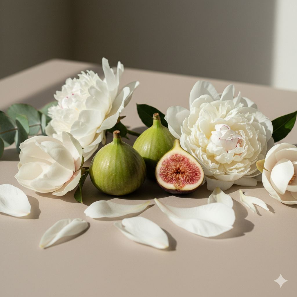 Feigen und weiße Blüten auf einem Tisch drapiert