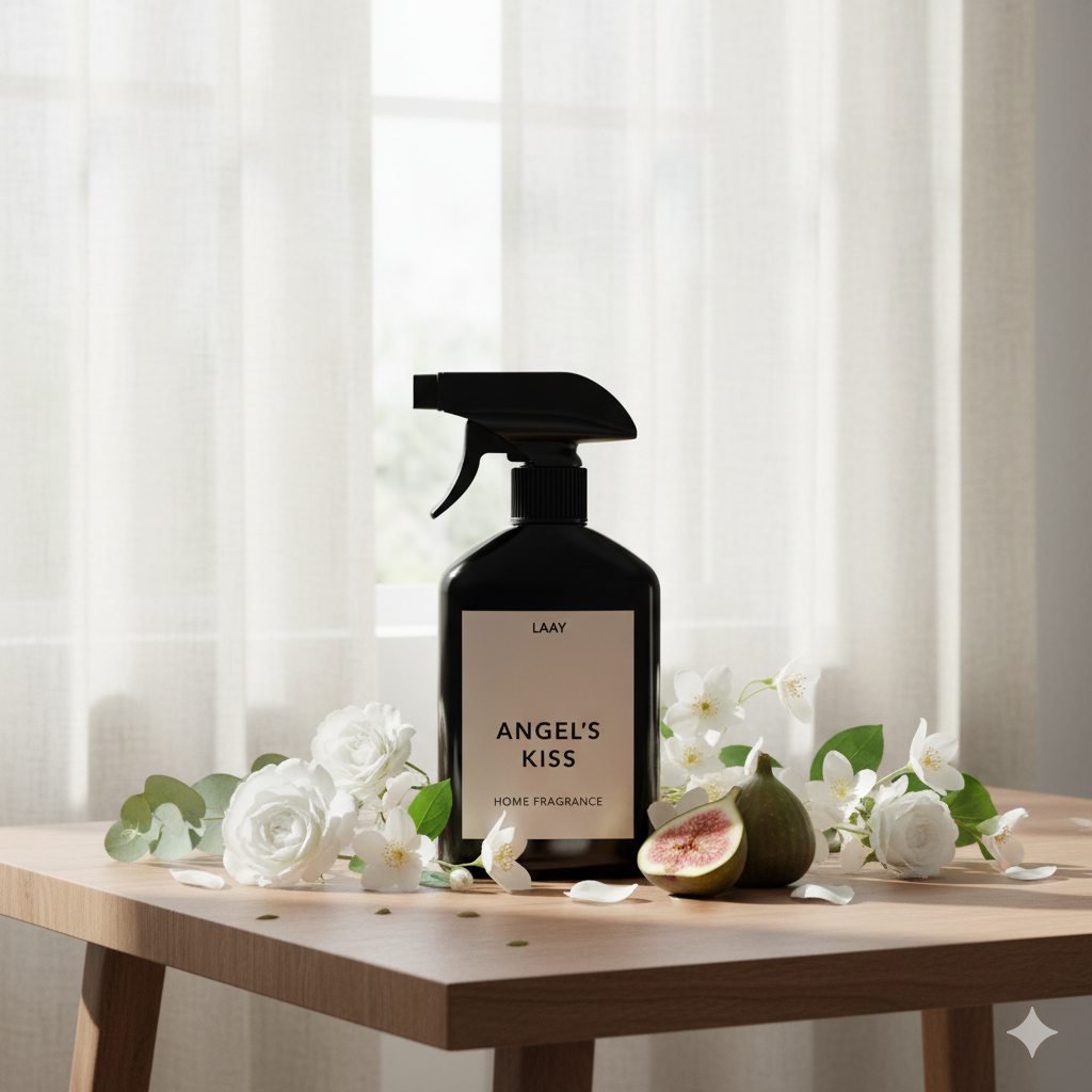 Raumspray Angels Kiss steht auf dem Tisch, umgeben von Feigen und Blüten