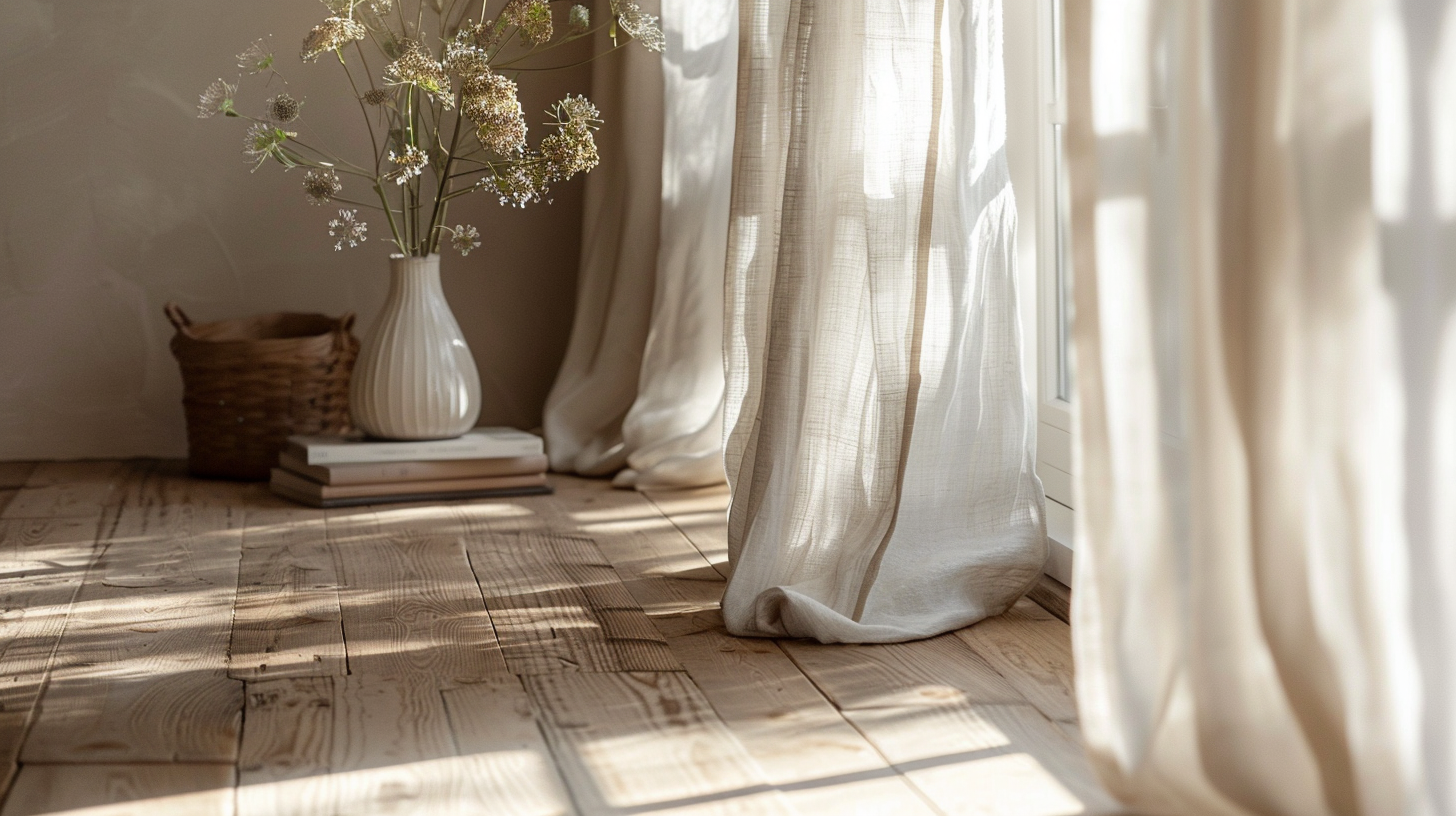 Holzparkett, Leinen Vorhänge die sich leicht im Wind bewegen und eine stilvolle Blumenvase im Hintergrund
